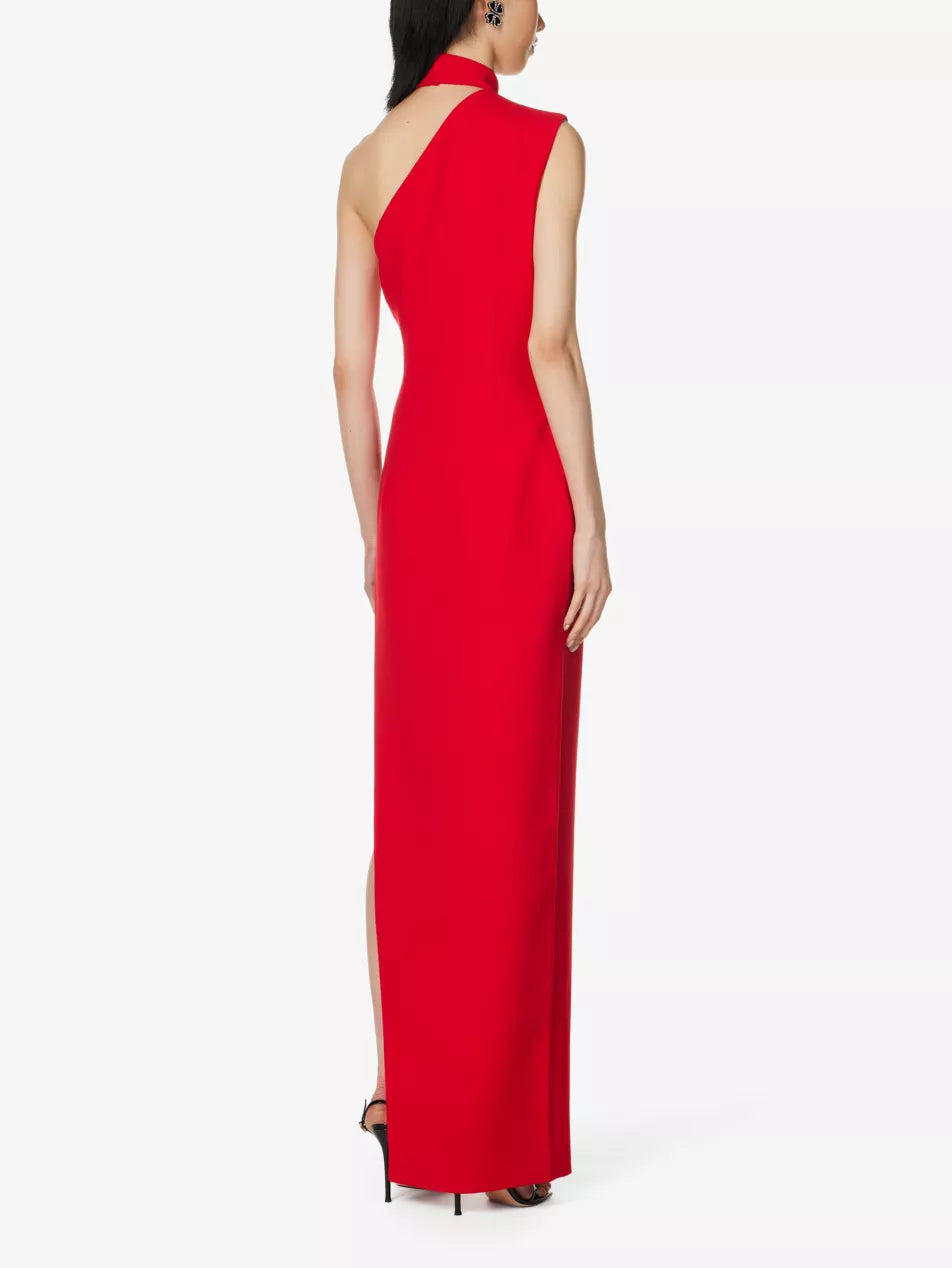 Monot Red One Shoulder Thigh High Slit Gown - House Of Huntington