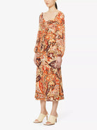 RIXO London Kamilla Paisley Criss Cross Halter Cut Out Midi Georgette Sleeve Dress - House Of Huntington