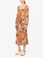 RIXO London Kamilla Paisley Criss Cross Halter Cut Out Midi Georgette Sleeve Dress - House Of Huntington