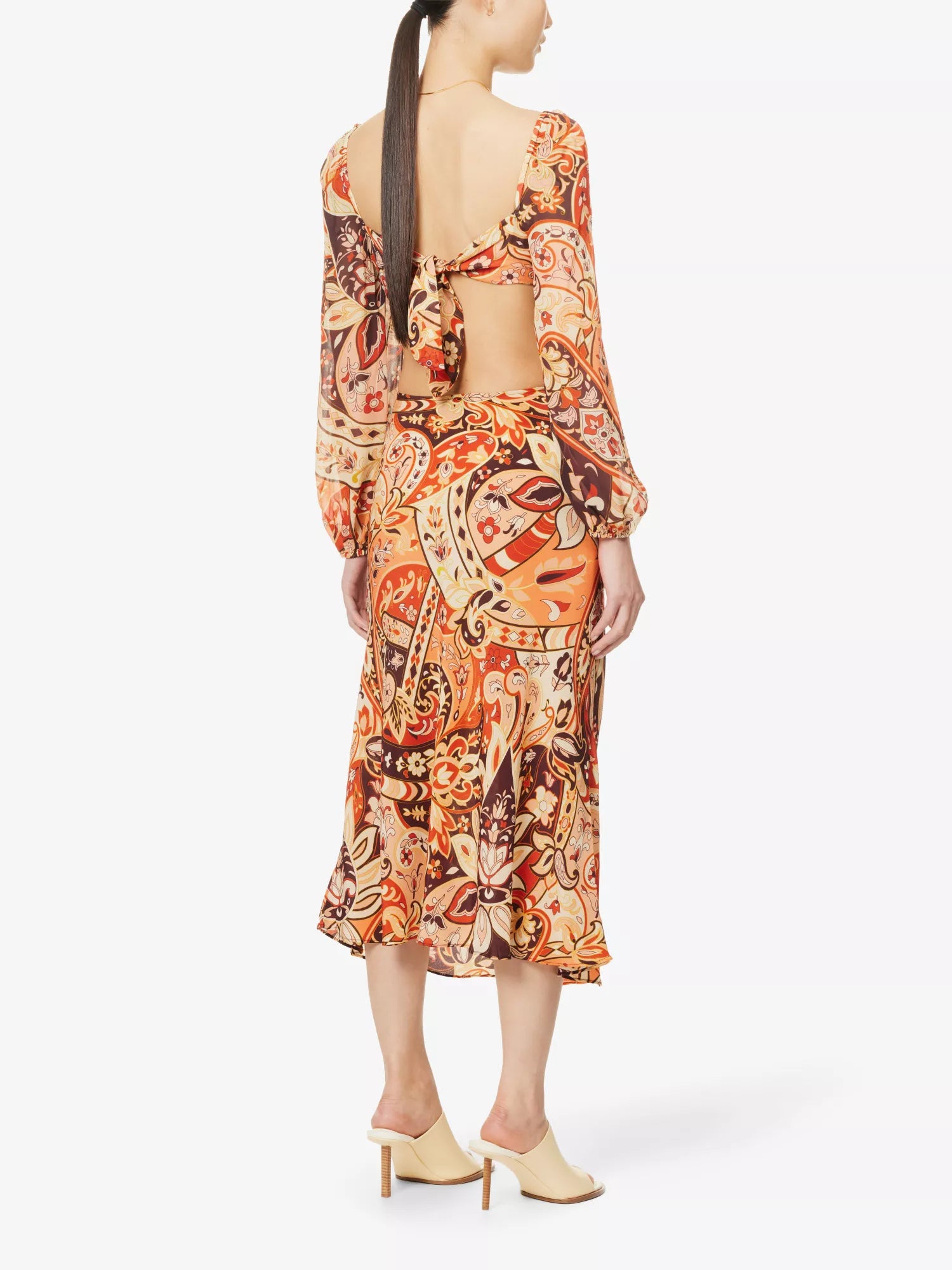 RIXO London Kamilla Paisley Criss Cross Halter Cut Out Midi Georgette Sleeve Dress - House Of Huntington