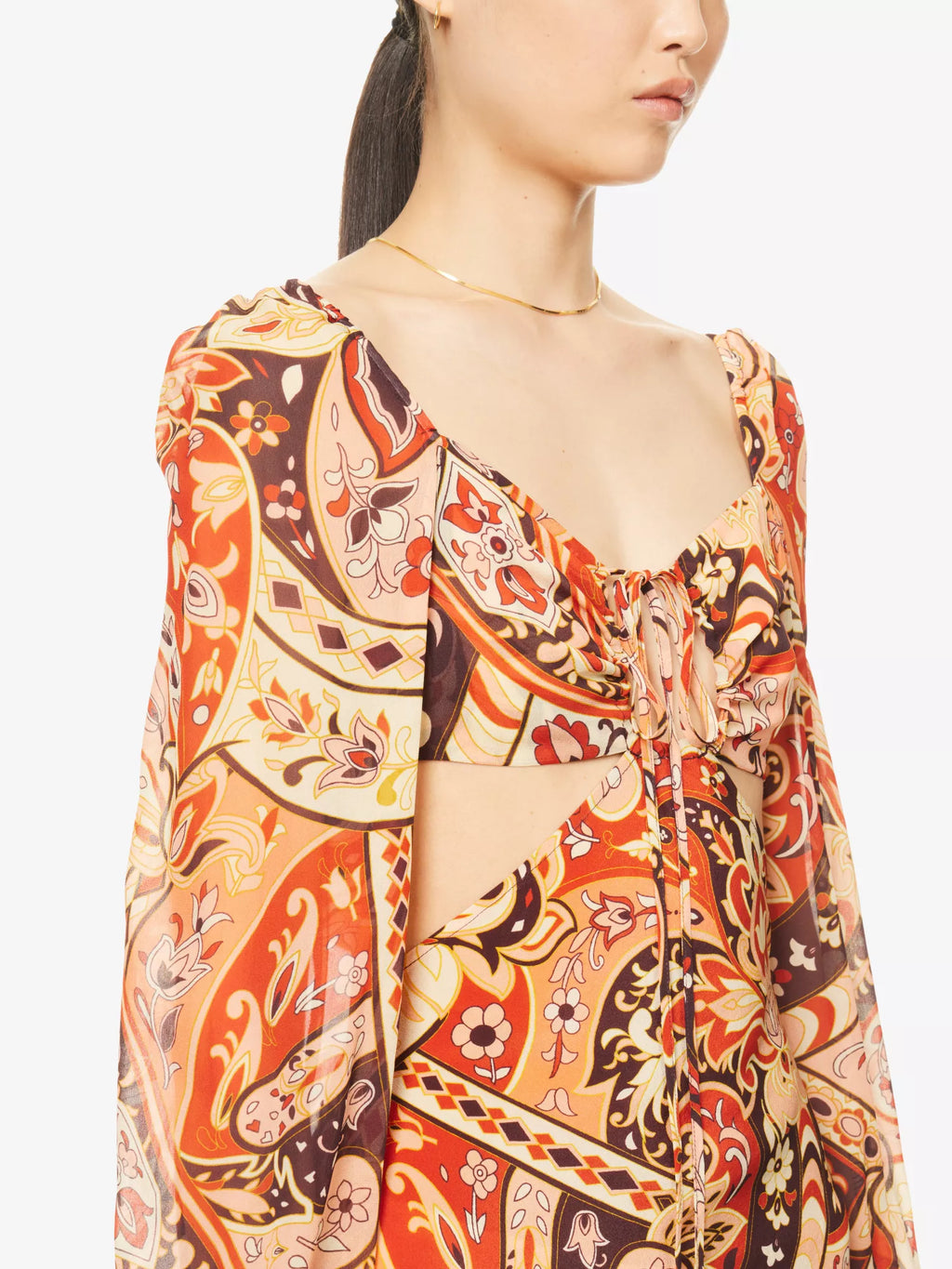 RIXO London Kamilla Paisley Criss Cross Halter Cut Out Midi Georgette Sleeve Dress - House Of Huntington