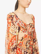 RIXO London Kamilla Paisley Criss Cross Halter Cut Out Midi Georgette Sleeve Dress - House Of Huntington