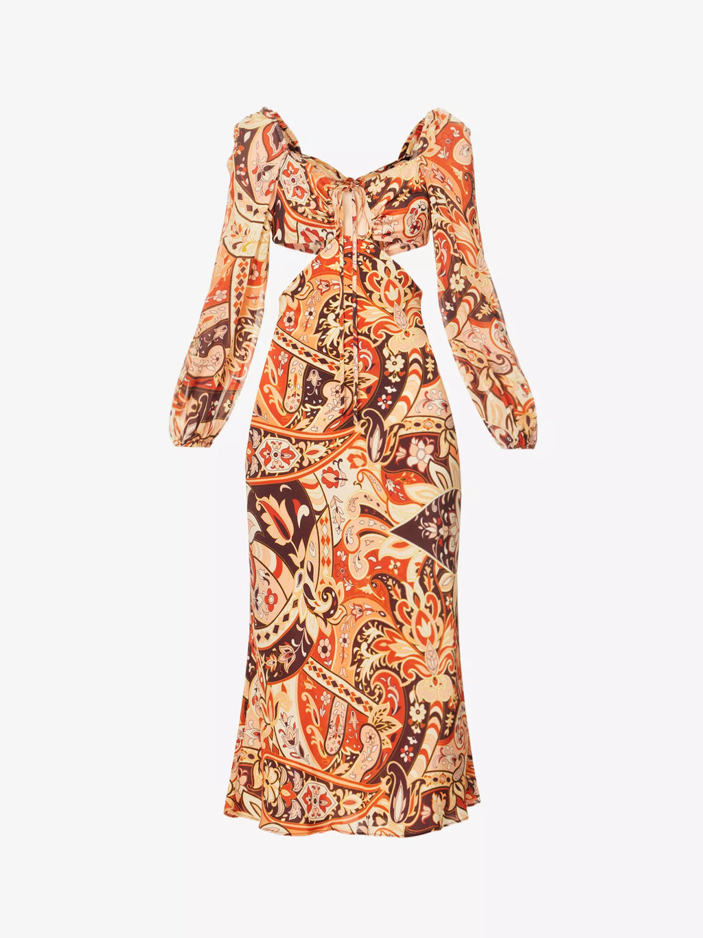 RIXO London Kamilla Paisley Criss Cross Halter Cut Out Midi Georgette Sleeve Dress - House Of Huntington