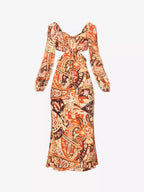 RIXO London Kamilla Paisley Criss Cross Halter Cut Out Midi Georgette Sleeve Dress - House Of Huntington