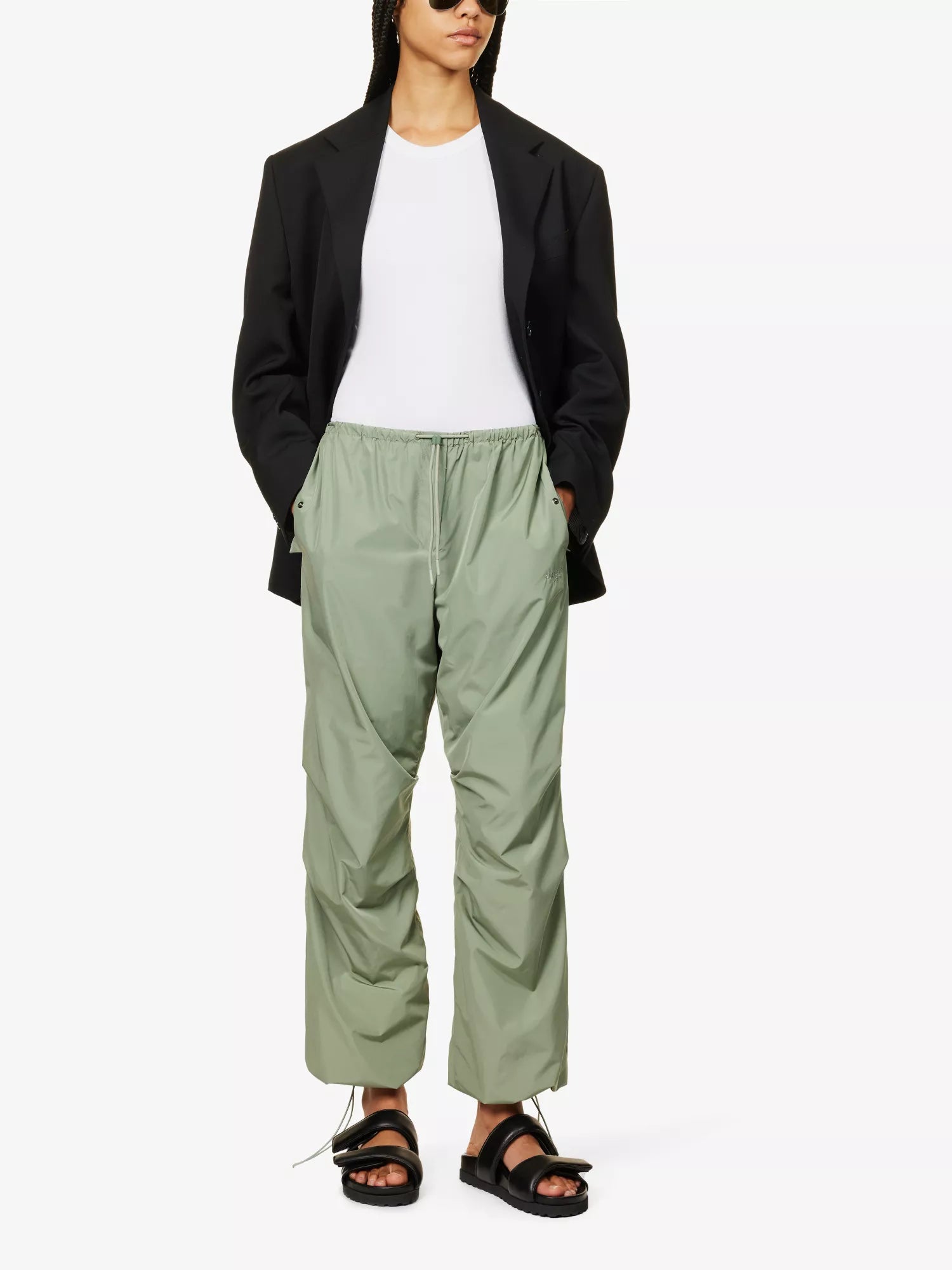 ANINE BING Reid Ruched Wide-Leg Mid-Rise Green Relaxed Shell Trousers - House Of Huntington