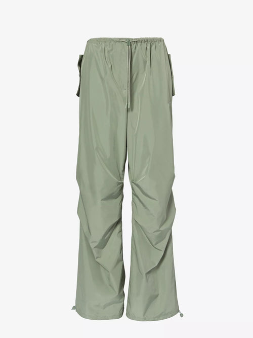 ANINE BING Reid Ruched Wide-Leg Mid-Rise Green Relaxed Shell Trousers - House Of Huntington
