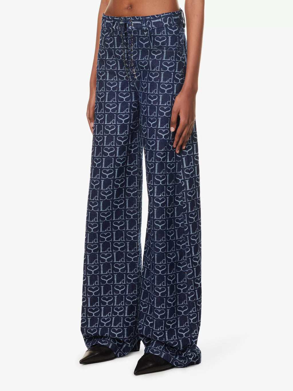 LUDOVIC DE SAINT SERNIN Wide-Leg Logo Branded-Pattern Lace-Up Jeans - House Of Huntington