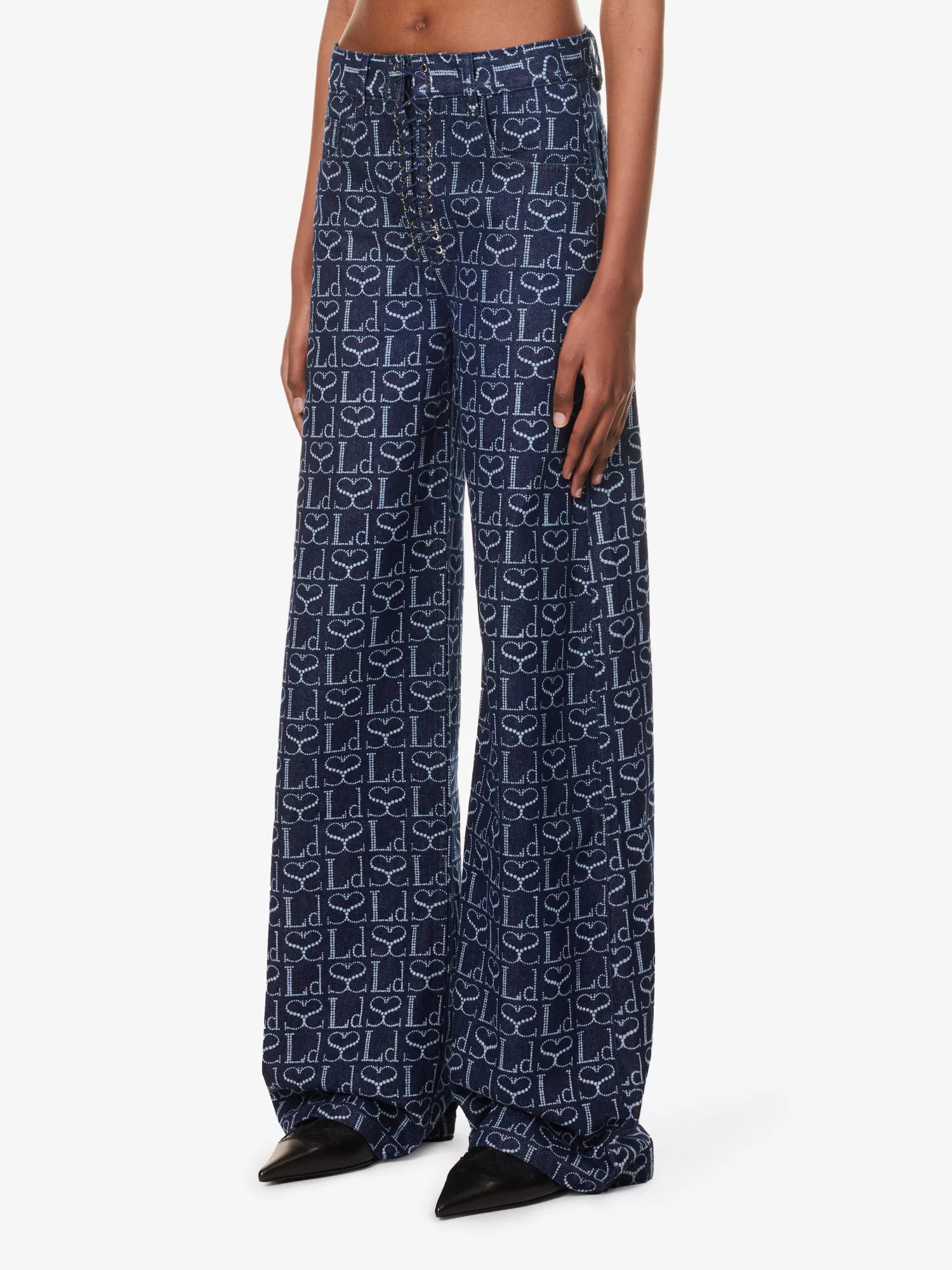 LUDOVIC DE SAINT SERNIN Wide-Leg Logo Branded-Pattern Lace-Up Jeans - House Of Huntington