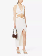 SAN SLOANE Francoise Open-Back Tie-Up Wrap Halter Plunge Neckline Knitted Crop Top - House Of Huntington