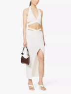 SAN SLOANE Francoise Open-Back Tie-Up Wrap Halter Plunge Neckline Knitted Crop Top - House Of Huntington