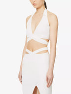 SAN SLOANE Francoise Open-Back Tie-Up Wrap Halter Plunge Neckline Knitted Crop Top - House Of Huntington