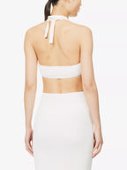 SAN SLOANE Francoise Open-Back Tie-Up Wrap Halter Plunge Neckline Knitted Crop Top - House Of Huntington