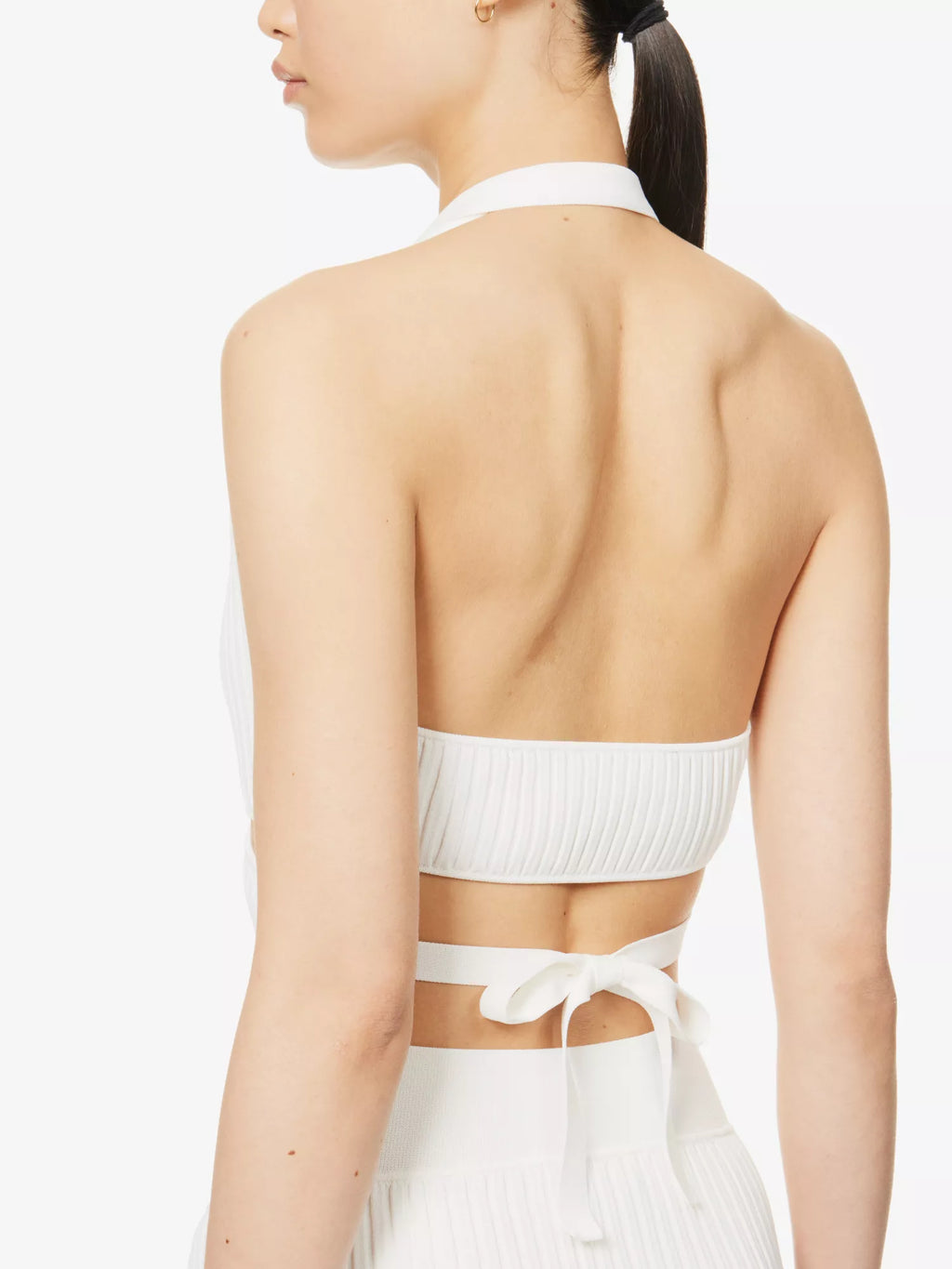 SAN SLOANE Francoise Open-Back Tie-Up Wrap Halter Plunge Neckline Knitted Crop Top - House Of Huntington