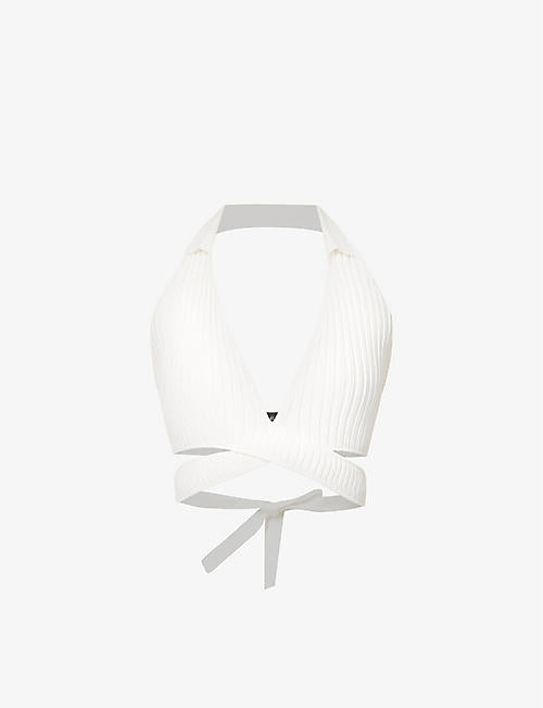 SAN SLOANE Francoise Open-Back Tie-Up Wrap Halter Plunge Neckline Knitted Crop Top - House Of Huntington