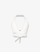 SAN SLOANE Francoise Open-Back Tie-Up Wrap Halter Plunge Neckline Knitted Crop Top - House Of Huntington