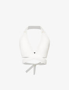 SAN SLOANE Francoise Open-Back Tie-Up Wrap Halter Plunge Neckline Knitted Crop Top - House Of Huntington