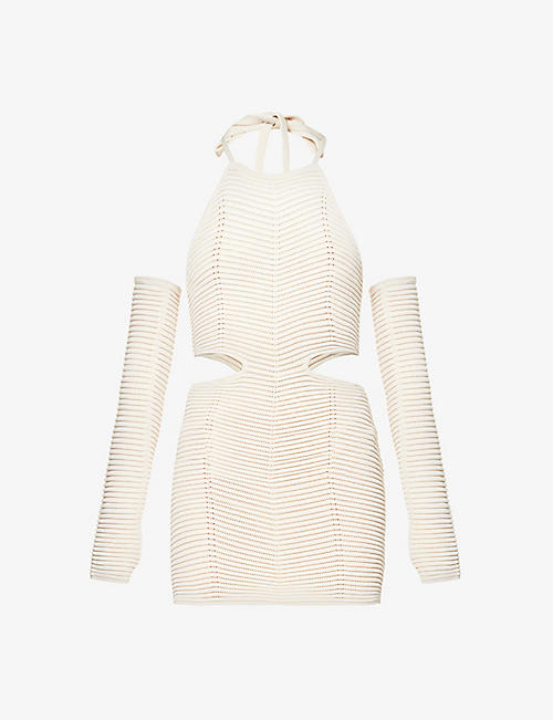 SAN SLOANE Maele Nude Cut-Out Knit Halterneck Mini Dress - House Of Huntington