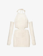 SAN SLOANE Maele Nude Cut-Out Knit Halterneck Mini Dress - House Of Huntington