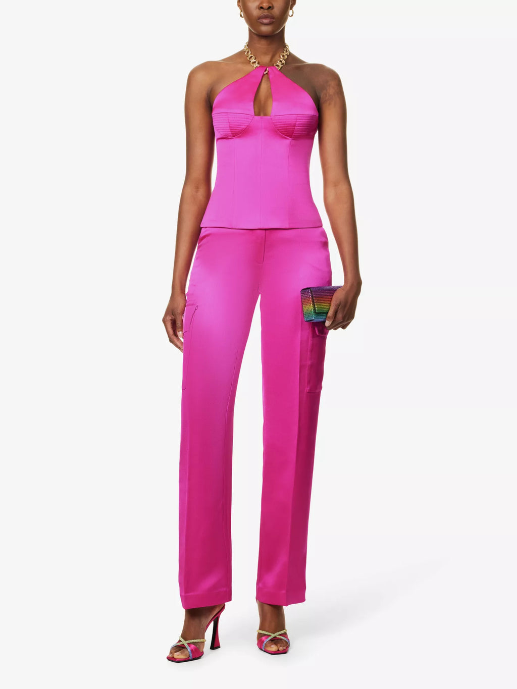 ROZIE CORSETS Flap Pocket Straight-Leg Mid-Rise Stretch-Satin Trousers - House Of Huntington