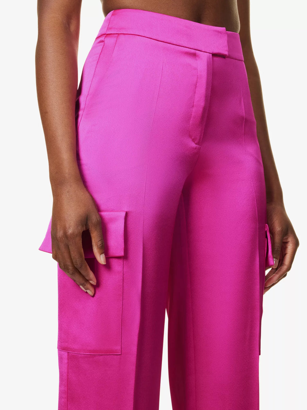ROZIE CORSETS Flap Pocket Straight-Leg Mid-Rise Stretch-Satin Trousers - House Of Huntington
