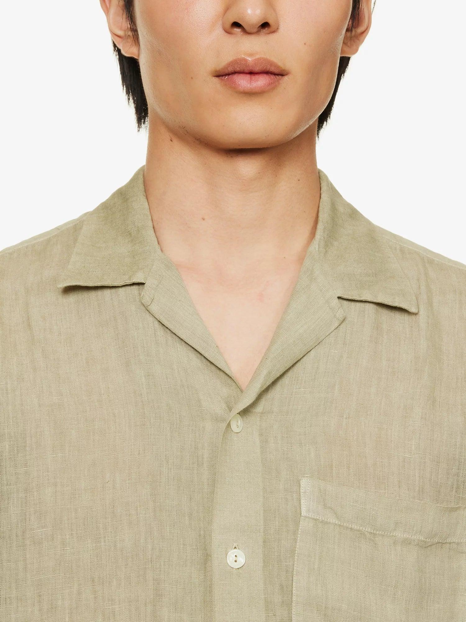 120% LINO Linen Camp Collar Camicia Sage Green Shirt - House Of Huntington