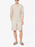 120% LINO Beige Linen Bermuda High Rise Shorts - House Of Huntington