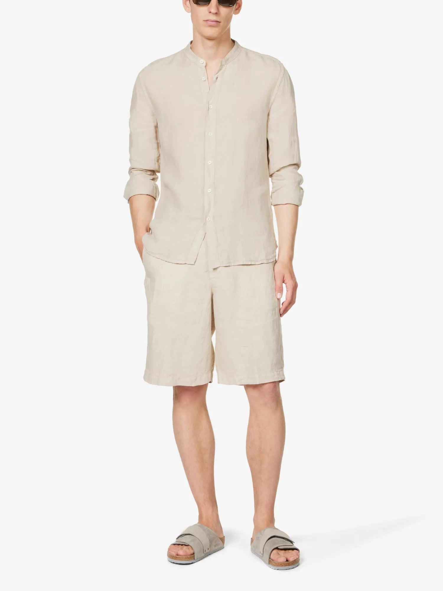 120% LINO Beige Linen Bermuda High Rise Shorts - House Of Huntington