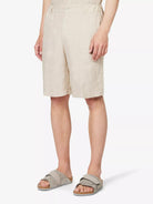 120% LINO Beige Linen Bermuda High Rise Shorts - House Of Huntington