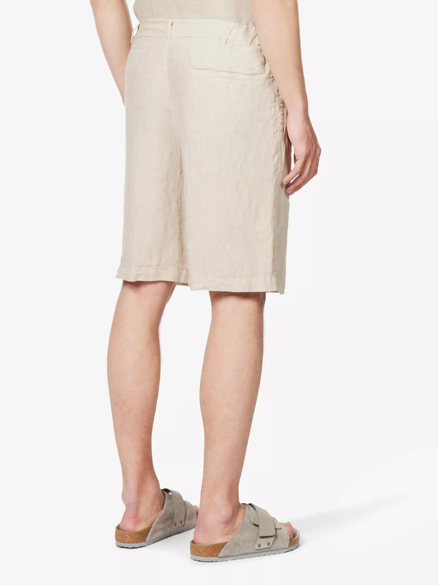 120% LINO Beige Linen Bermuda High Rise Shorts - House Of Huntington