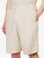 120% LINO Beige Linen Bermuda High Rise Shorts - House Of Huntington