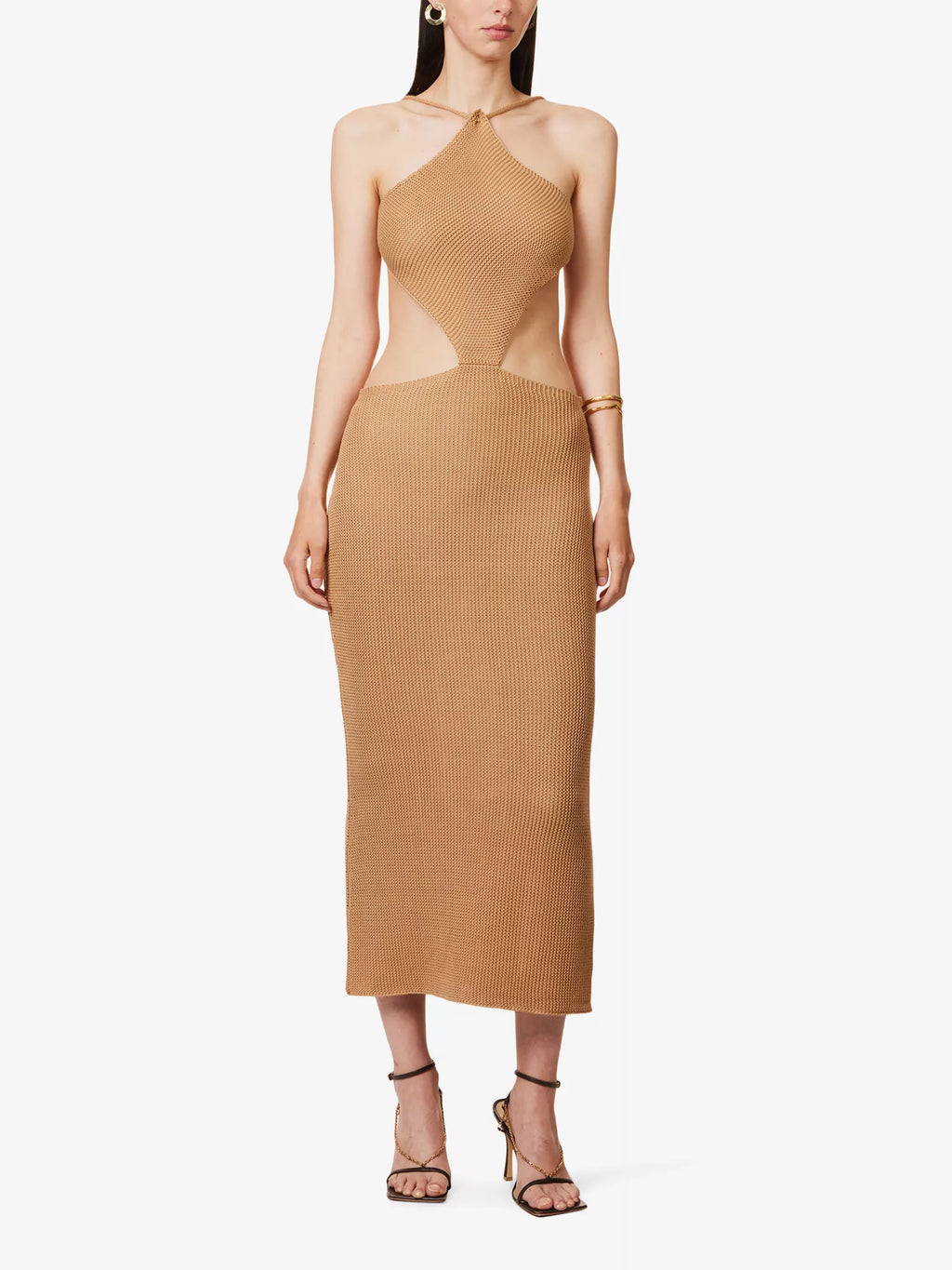 SAVANNAH MORROW Ariel Cut Out Waist Knit Halterneck Almond Midi Dress - House Of Huntington