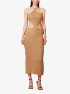 SAVANNAH MORROW Ariel Cut Out Waist Knit Halterneck Almond Midi Dress - House Of Huntington