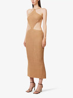 SAVANNAH MORROW Ariel Cut Out Waist Knit Halterneck Almond Midi Dress - House Of Huntington