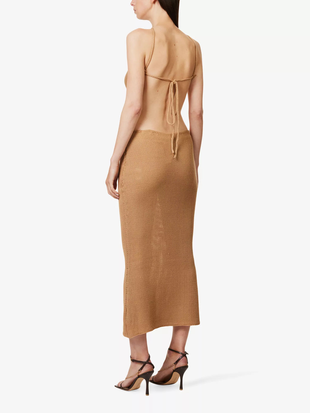 SAVANNAH MORROW Ariel Cut Out Waist Knit Halterneck Almond Midi Dress - House Of Huntington