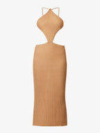SAVANNAH MORROW Ariel Cut Out Waist Knit Halterneck Almond Midi Dress - House Of Huntington