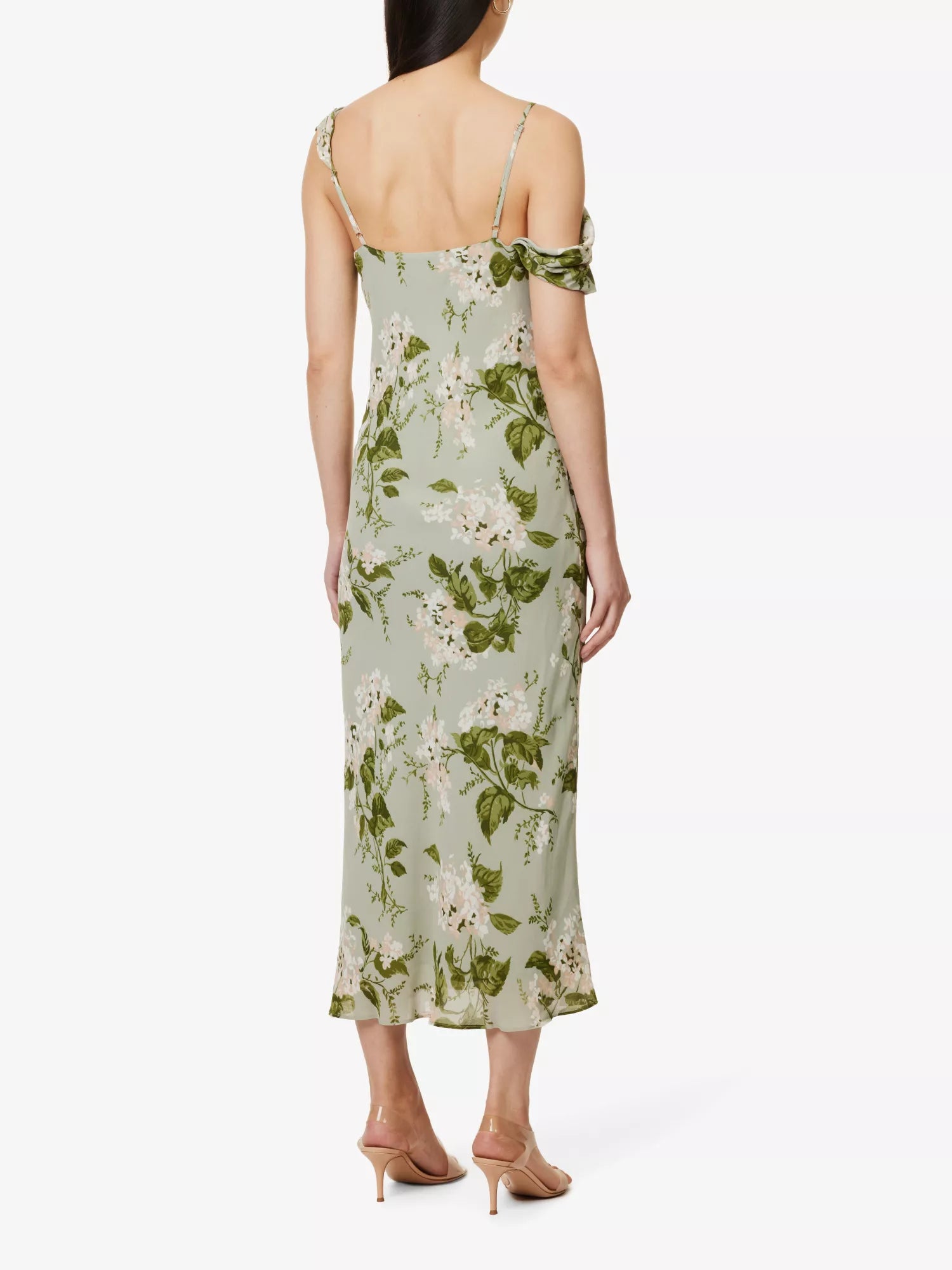 REFORMATION Reya Tea Garden Floral Green Cowl Neck Silk Maxi Dress - House Of Huntington
