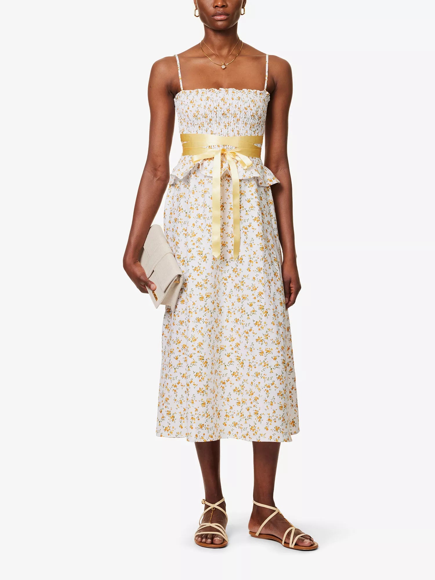 REFORMATION Miles Floral Ruffle-Trim Bow-Detail Linen Midi Dress - House Of Huntington
