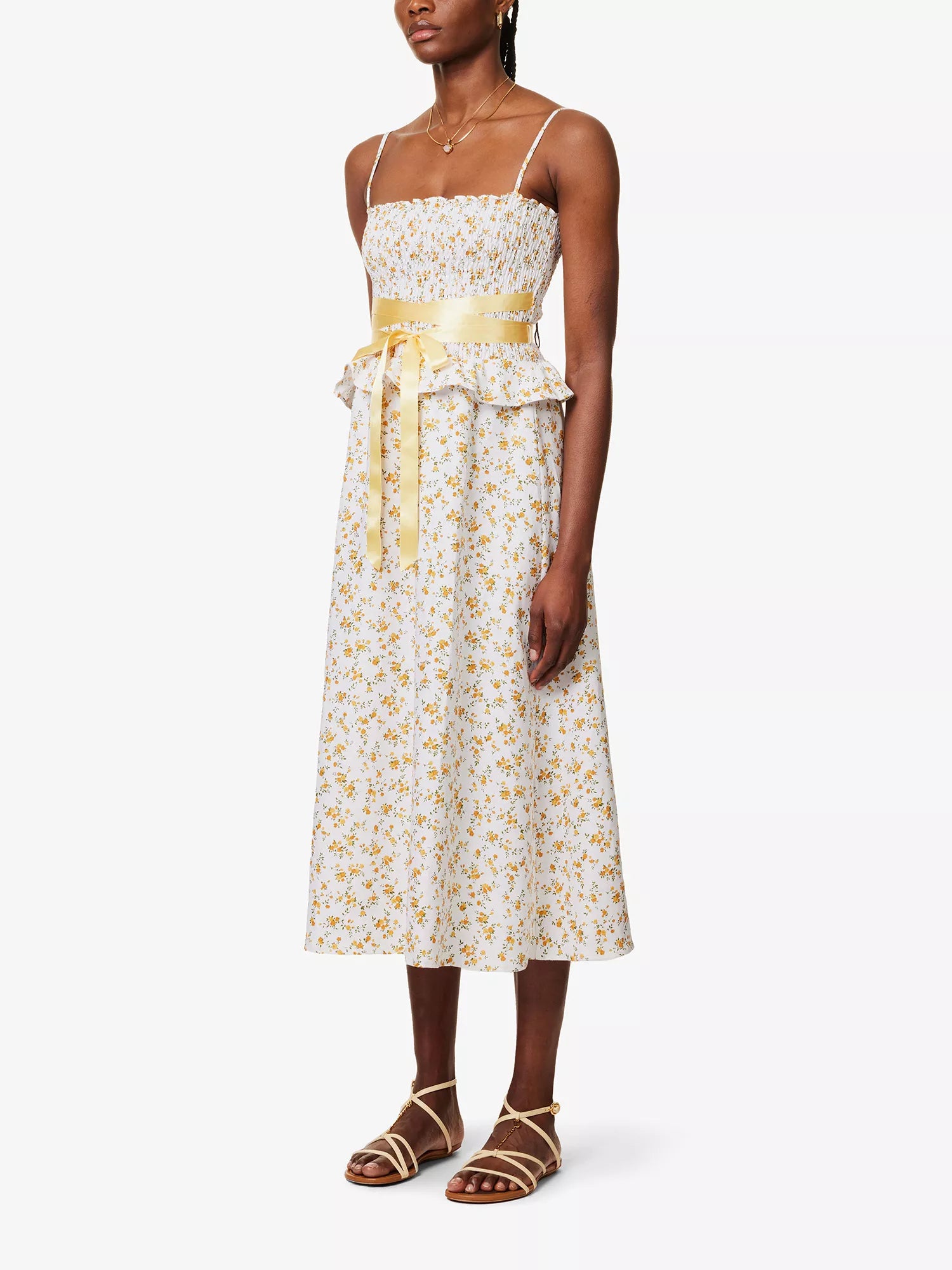 REFORMATION Miles Floral Ruffle-Trim Bow-Detail Linen Midi REFORMATION Miles Floral Ruffle-Trim Bow-Detail Linen Midi
