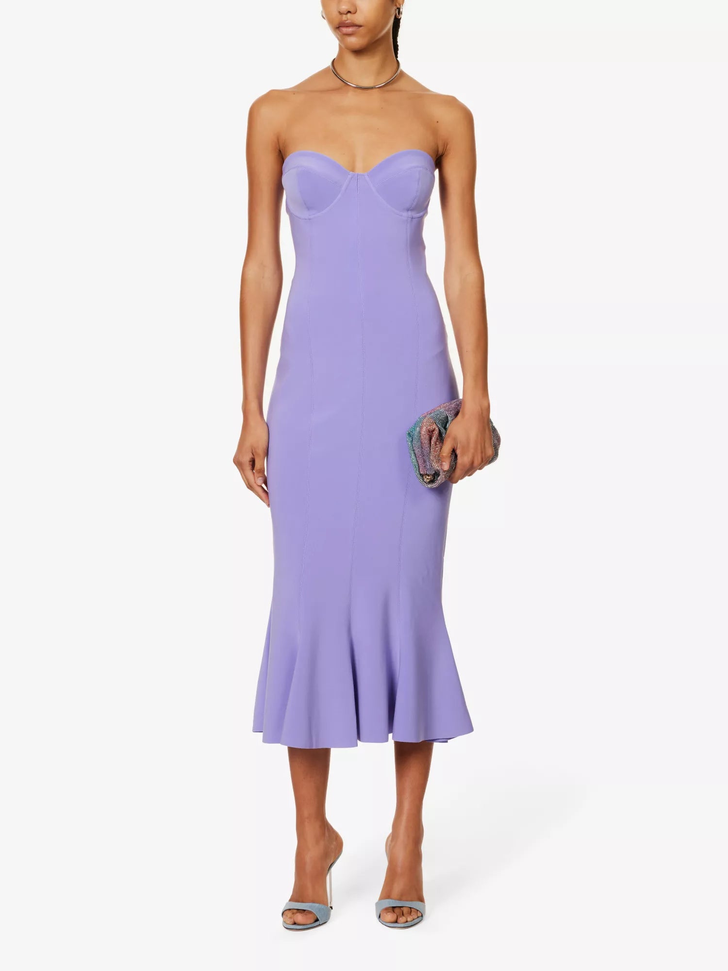 NORMA KAMALI Lilac Purple Corset Bodycon Fishtail Hem Midi Dress - House Of Huntington