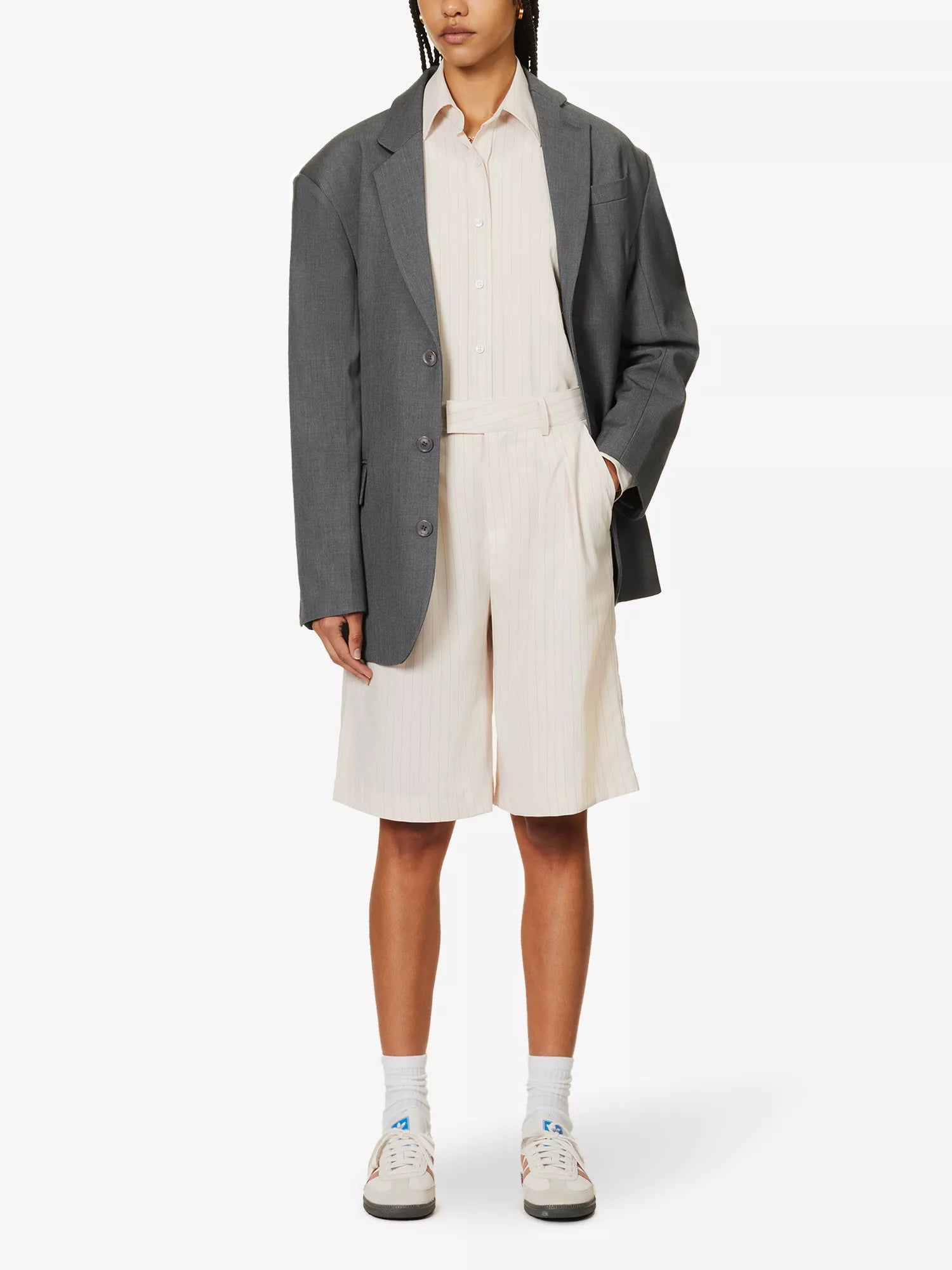 THE FRANKIE SHOP Vivian Pinstriped Woven Beige Suit Shorts - House Of Huntington