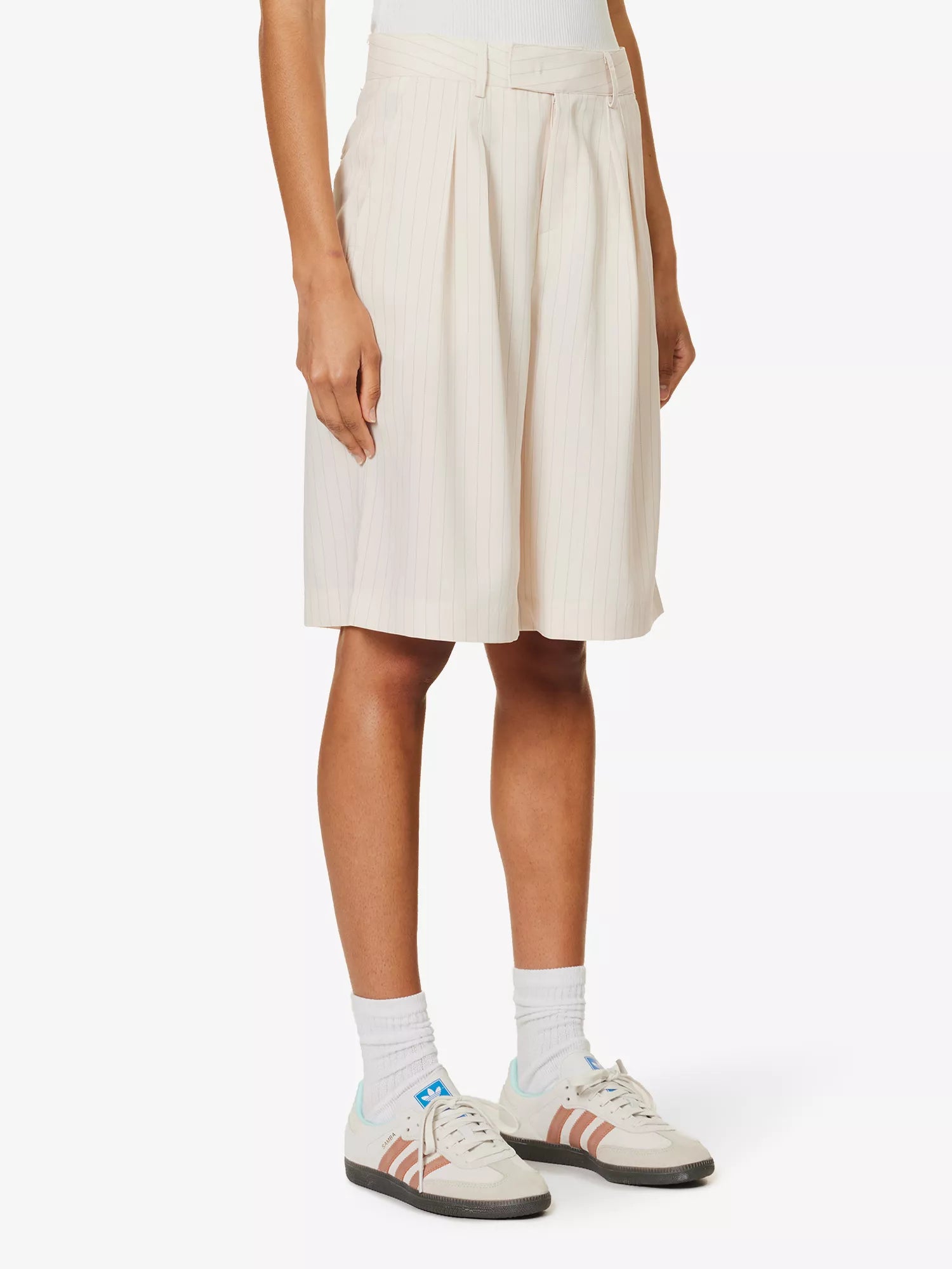 THE FRANKIE SHOP Vivian Pinstriped Woven Beige Suit Shorts - House Of Huntington
