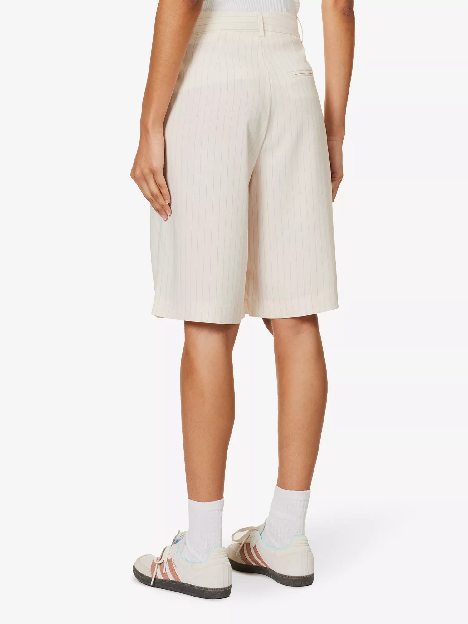 THE FRANKIE SHOP Vivian Pinstriped Woven Beige Suit Shorts - House Of Huntington