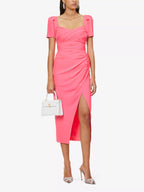 SELF-PORTRAIT Iris Bright Pink Sweetheart Neck Ruched Side Crepe Puff Sleeve Dress - House Of Huntington
