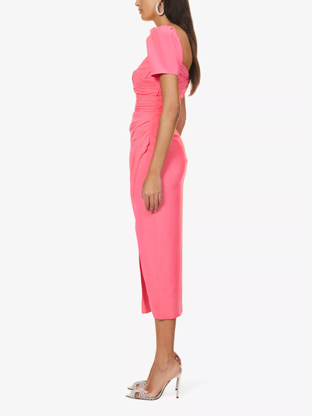 SELF-PORTRAIT Iris Bright Pink Sweetheart Neck Ruched Side Crepe Puff Sleeve Dress - House Of Huntington
