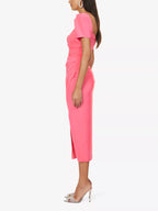 SELF-PORTRAIT Iris Bright Pink Sweetheart Neck Ruched Side Crepe Puff Sleeve Dress - House Of Huntington