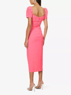 SELF-PORTRAIT Iris Bright Pink Sweetheart Neck Ruched Side Crepe Puff Sleeve Dress - House Of Huntington
