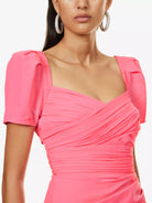 SELF-PORTRAIT Iris Bright Pink Sweetheart Neck Ruched Side Crepe Puff Sleeve Dress - House Of Huntington