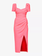 SELF-PORTRAIT Iris Bright Pink Sweetheart Neck Ruched Side Crepe Puff Sleeve Dress - House Of Huntington