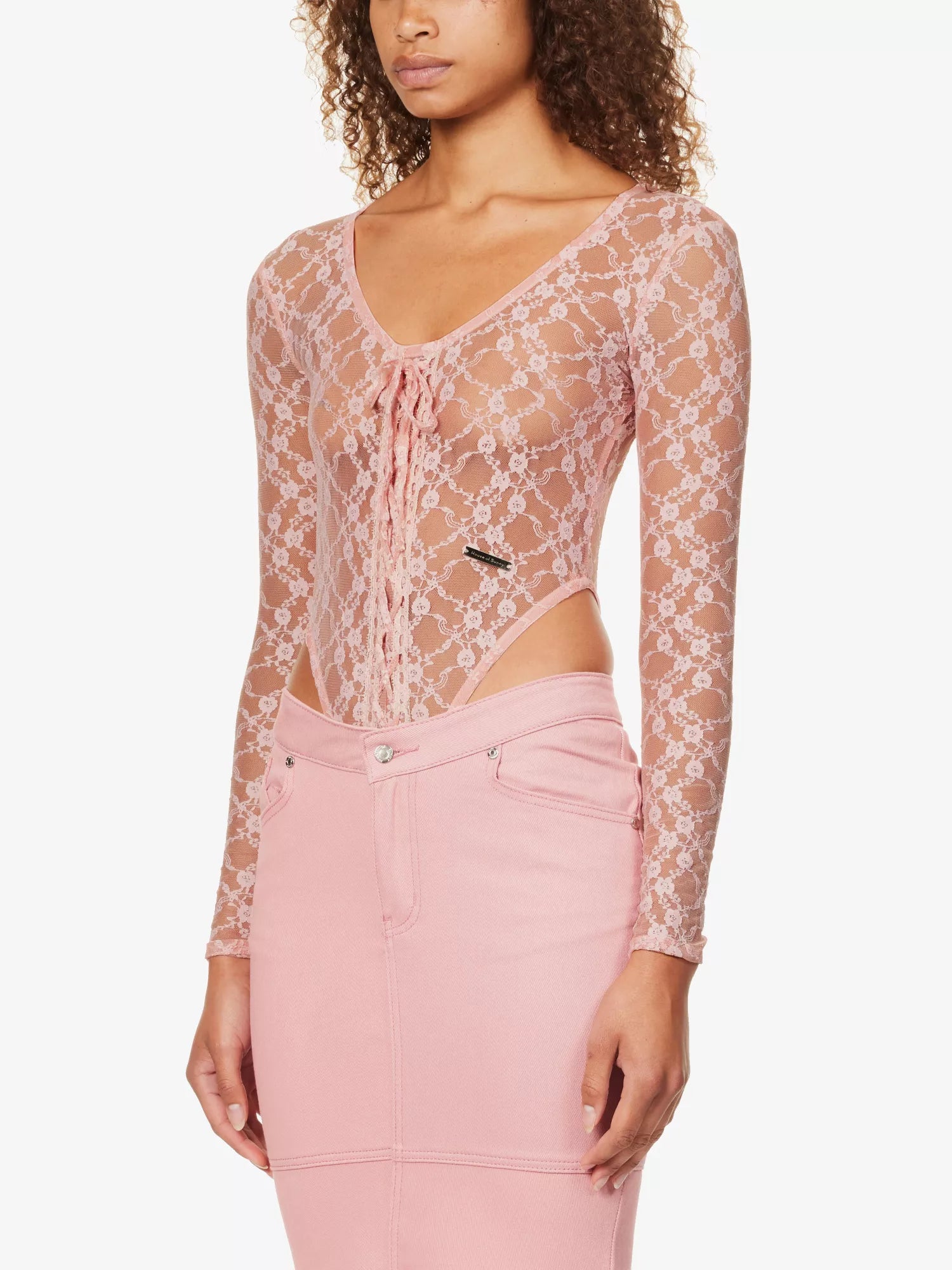 House Of Sunny Pink Love Lace Sheer Romantic Coquette Bodysuit - House Of Huntington