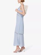 REFORMATION Purdie Frilly Trim Lace Panel Detail Crepe Blue Midi Dress - House Of Huntington